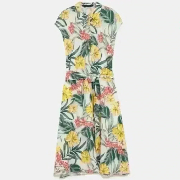 ZARA Dress Bright Tropical Hawaii Floral Size Medium Knee Length Sleeveless - Picture 5 of 7